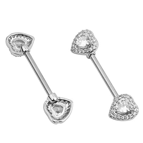 HQLA 14G Dainty CZ Love Heart Nipple Rings Tongue Ring Surgical Steel Nipple rings Piercing Women Barbells 2Pcs 25/8"(16mm) - style: Silver