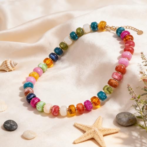 Rainbow Beaded Necklace for Women - Boho Necklaces Chunky Necklace for Summer Vacation Jewelry, Colorful Seed Bead Choker Statement Necklace - color: Finest D