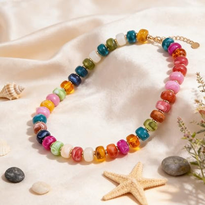 Rainbow Beaded Necklace for Women - Boho Necklaces Chunky Necklace for Summer Vacation Jewelry, Colorful Seed Bead Choker Statement Necklace - color: Finest D
