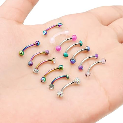 16g 8/10mm Silver/Black/Rose-Gold/Rainbow Eyebrow Piercing Jewelry Rings Curved Barbell Vertical Labret Lip Surgical Steel Small Belly Button Snake Eyes Tongue Rook Earrings for Women Men - color: Rainbow / Purple, size: 16g*10mm*3mm