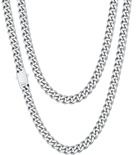 Fiusem Silver Tone/Black/14K Gold Plated Chain Necklace for Men, 5mm/6mm/7.5mm/8mm/9mm Stainless Steel Cuban Link Chain Necklace, Men's Chains 18-28 Inch Jewelry Gifts - size: 20", style: 5mm silver