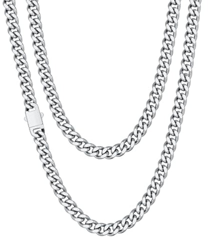 Fiusem Silver Tone/Black/14K Gold Plated Chain Necklace for Men, 5mm/6mm/7.5mm/8mm/9mm Stainless Steel Cuban Link Chain Necklace, Men's Chains 18-28 Inch Jewelry Gifts - size: 20", style: 5mm silver