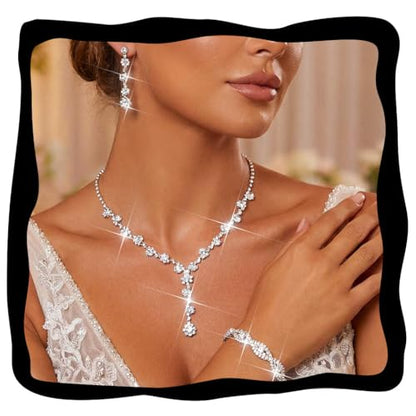 Aukmla Rhinestone Wedding Prom Jewelry Sets Silver Diamond Necklaces and Earring Bracelet Set for Brides and Women - color: Silver