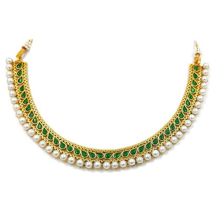 Aheli Ethnic Faux Kundan Pearl Fancy Bridal Choker Necklace Indian Traditional Bollywood Jewelry Set with Earrings Gift for Women - color: Green & White