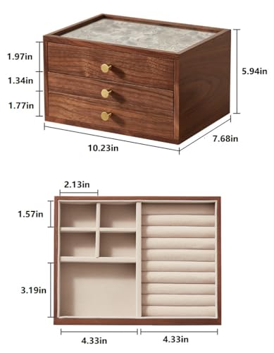 Black Walnut Wooden Women Jewelry Box with Glass Lid, 3 Layer | Blue Floral Glass Lid, Wood Drawer Jewelry Organizer for Women, For Necklaces, Watch, Ring, Earring Storage,Ideal Gift - style: 3 Layer B