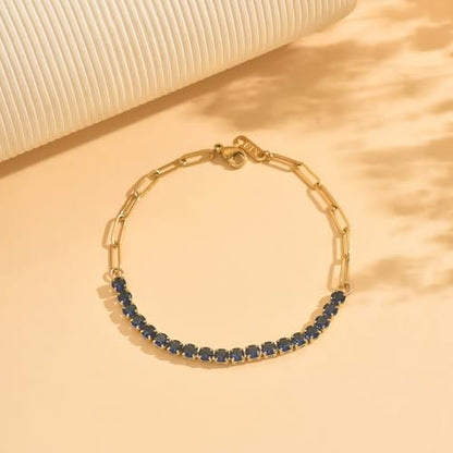 18K Gold Plated Tennis Bracelets for Women, Adjustable Cubic Zirconia Bracelet with Multi-color 4mm CZ Diamond Paperclip Chain, Dainty Trendy Birthday Bridal Jewelry Gifts for Women Daily Party Wear - color: Blue