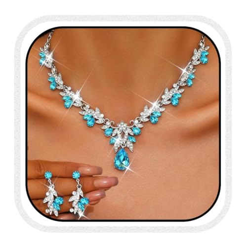 Rhinestone Bridal Wedding Jewelry Sets Gold Necklace Earrings Set Leaf Prom Formal Costume Jewelry Set for Women and Brides - color: Light Blue