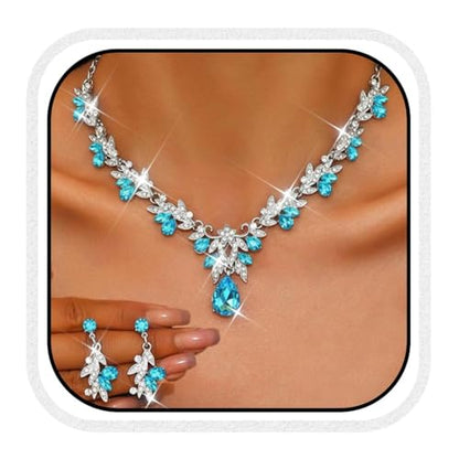 Rhinestone Bridal Wedding Jewelry Sets Gold Necklace Earrings Set Leaf Prom Formal Costume Jewelry Set for Women and Brides - color: Light Blue