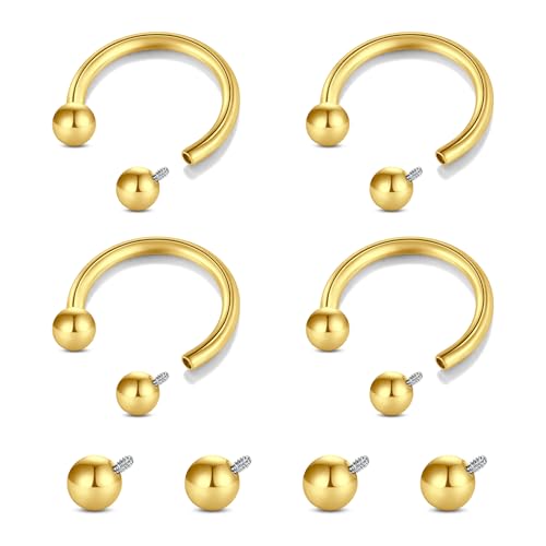 Longita Internally Threaded Septum Ring Silver Black Gold Septum Rings 16G Septum Piercing Surgical Steel Septum Jewelry Septum Nose Rings 16 Gauge Small Septum Ring Horseshoe with Replacement Balls - color: B1-gold-8mm