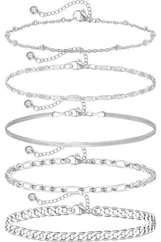 Plus Size Ankle Bracelets for Women - Extra Large 10"+2" Adjustable Anklet 14K Real Gold Plated Anklet Cuban Link, Figaro, Rope, Snake Herringbone - Summer Beach Waterproof Foot Jewelry - color: Figaro,Curb,Snake,Satellite,Rope Silver
