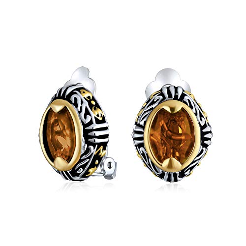 Bali Button Style Two Tone Red Blue Brown Crystal Oval Clip-On Earrings - color: Orange