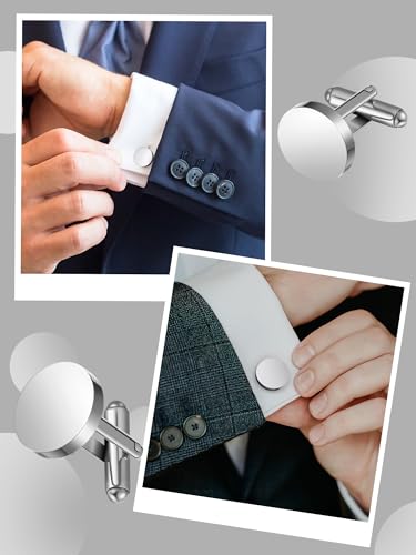 Newcotte 5 Pairs Cufflinks for Men Round Silver Cufflinks Mens Classic Stainless Steel Cuff Links Set for Wedding Gifts - color: Silver
