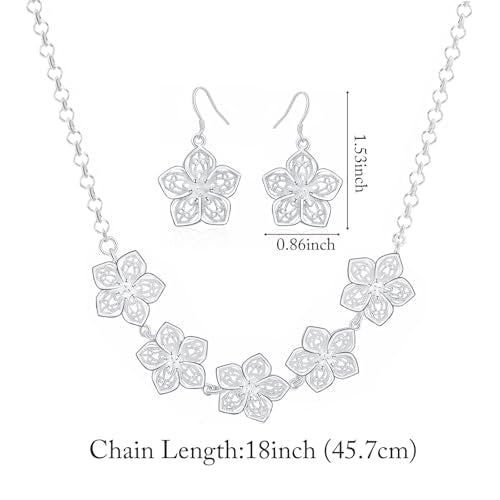 3 Circles Silver Hoop Earrings Necklace Set for Women Geometric Jewelry Set | 925 Silver Hypoallergenic Small Hoop Circle Geometry Textured Finish Minimalist Style Comfortable Wear - style: Flowers