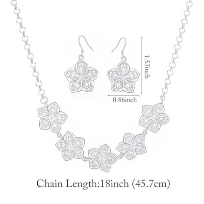 3 Circles Silver Hoop Earrings Necklace Set for Women Geometric Jewelry Set | 925 Silver Hypoallergenic Small Hoop Circle Geometry Textured Finish Minimalist Style Comfortable Wear - style: Flowers