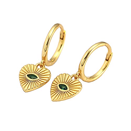 Heart Evil Eye Dangle Small Hoop Earrings for Women Girls 925 Sterling Silver Green CZ Eyes Charms Drop Dangling Huggie Hoops Cartilage Cuff Hypoallergenic Earring Gifts Birthday Christmas Valentine - color: Gold