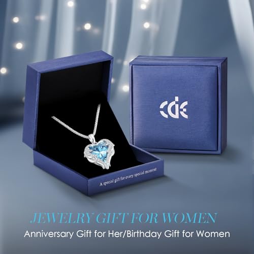 CDE Angel Wings Heart Birthstone Pendant Necklace Gift for Women | Silver/Gold Tone,Ideal Birthday & Anniversary Jewelry Gift for Wife,Girlfriend,Her - color: White-03-Aquamarine Light Blue Birthstone