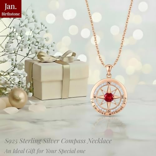 Compass Necklace for Women Wife Girlfriend Mom Daughter Gifts | S925 Silver Jewelry For Anniversary 18K Rose Gold Gifts For Birthday Christmas Mothers Valentines Day 12 Birthstones - style: 01-January-Rose Gold