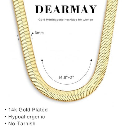 DEARMAY 14K Gold Plated Herringbone Necklaces for Women, Dainty Gold Snake Choker Chain Non Tarnish Trendy Simple Thin & Chunky Options Neckalce 1.5/3/5/6/8mm Chain Jewelry for Gifts - color: Gold