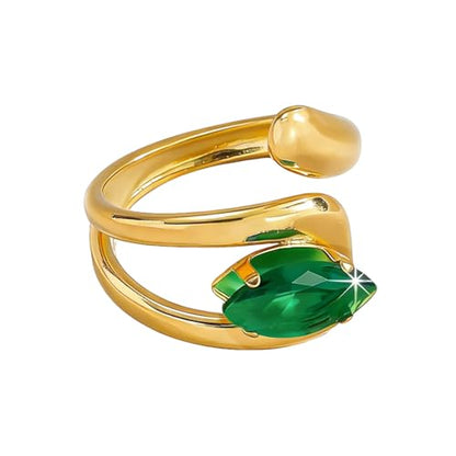 OIDIMS Elegant CZ Wrap Open Ring for Women Sparkly Cubic Zirconia Adjustable Stacking Rings Trendy Wedding Band 18K Gold-Tone Plated Stainless Steel Comfort Fit Knuckle Fashion Jewelry - color: Green