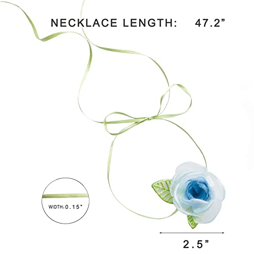 Black Choker Camellia Flower Lace-up Necklace For Women - color: Blue foliage flowers