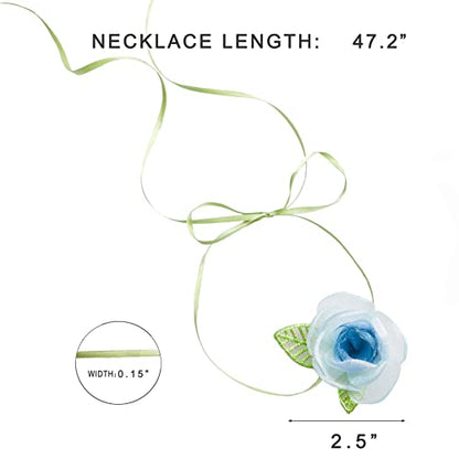 Black Choker Camellia Flower Lace-up Necklace For Women - color: Blue foliage flowers