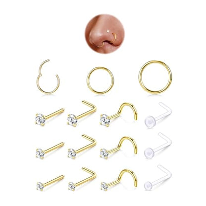 15PCS 14K Gold Plated Nose Rings Studs Set for New Piercing Beginners - color: Gold-3PCS Nose Rings & 12PCS Nose Studs