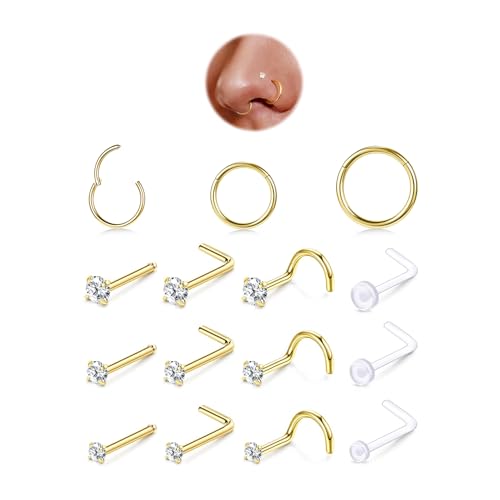 15PCS 14K Gold Plated Nose Rings Studs Set for New Piercing Beginners - color: Gold-3PCS Nose Rings & 12PCS Nose Studs