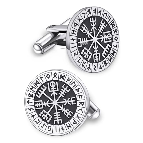 Mens Cufflinks, Norse Viking Tuxedo Cuff Links, Stainless Steel Viking Compass Vegvisir Rune Shirt Studs Mythology Jewelry Gift for Business Wedding - color: Compass-S