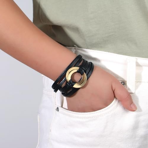 hotoo Circle Charm Bracelets for Women Handmade Leather Wrap Bracelets for Couples Friendship Bracelet Bohemian Cuff Bangle Boho Jewelry Gift - color: Black