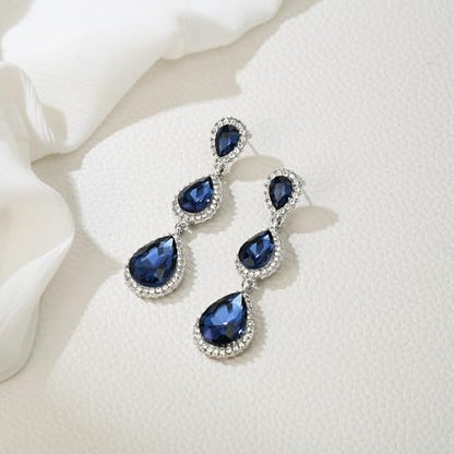 EleQueen Women's Crystal Teardrop Pear Shape 2.5 Inch Long Earrings | Dangle Earrings for Women, TearDrop Crystals Earrings for Bride Bridesmaid, Prom Jewelry for Wedding - color: 04-Royal Blue