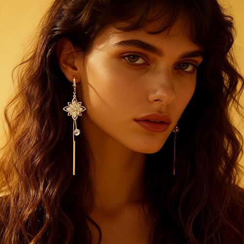 14K Gold Plated CZ Flower Dangle Earrings for Women, Sparkly Cubic Zirconia Long Tassel Drop Earrings, Bridal Wedding Jewelry - color: C:Flower Pearl Earrings