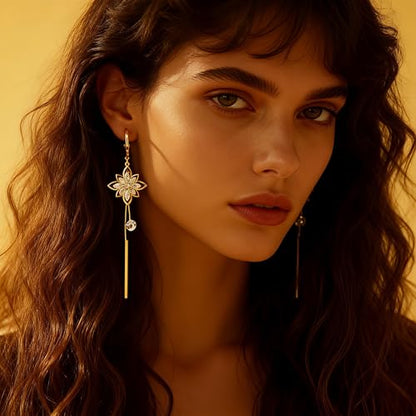 14K Gold Plated CZ Flower Dangle Earrings for Women, Sparkly Cubic Zirconia Long Tassel Drop Earrings, Bridal Wedding Jewelry - color: C:Flower Pearl Earrings