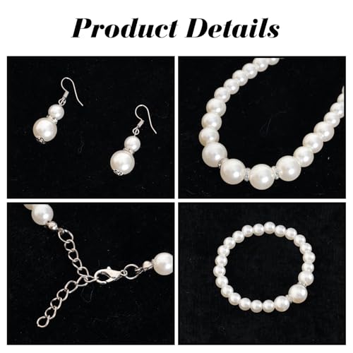 Avxdbr 4 Pieces Pearl Jewelry Lace Gloves Set for Women Girls | Petite Fit Faux Pearl Necklace Adjustable Chain Earrings Stretch Bracelet Lace Gloves for Wedding Tea Party Prom Formal