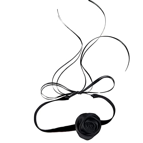 Black Choker Camellia Flower Lace-up Necklace For Women - color: Black rose