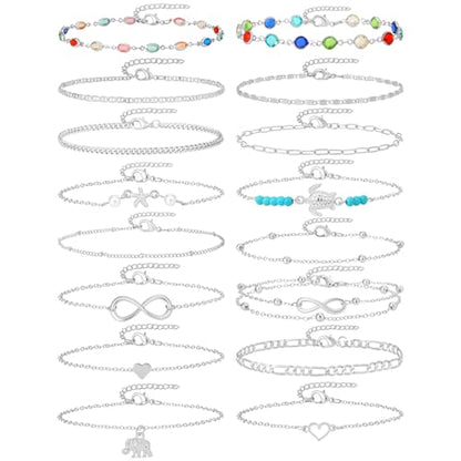 Starain 12Pcs Summer Beach Anklets for Women Waterproof Gold Silver Chain Ankle Bracelets Cute Women's Foot Anklet Set 7.9-10.5 inch Adjustable - color: 16Pcs Silver Ankle Bracelet