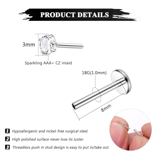 Besteel 28Pcs Threadless Nose Rings Studs Set Surgical Steel Lip Nostril Labret Medusa Piercing Jewelry Push in Tragus Conch Helix Flat Back Earrings for Women Men 16G 18G 20G 6/8mm - style: 18G-8MM