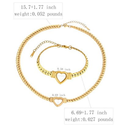 Chunky Flat Curb Chain Necklace and Bracelet Set, Gold/Silvery Stainless Steel Hollow Heart Pendant Jewelry for Women, Valentines Wedding Gift - color: Gold