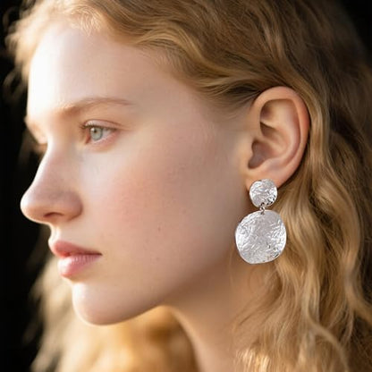 Large Geometric Drop Dangle Earrings for Women Pearl Teardrop Disc Rectangle Oval Fishtail Shell Shaped Textured Dangle Studs Earrings for Women - color: Silver-Disc