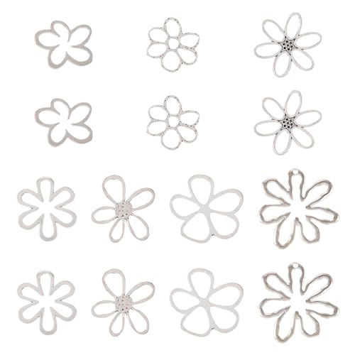 14Pcs Hollow Flower Charms Pendants Antique Silver Floral Connector Charms Flower Theme Alloy Open Back Bezel Frame Charm for UV Resin Pressed DIY Necklace Bracelet Jewelry Making