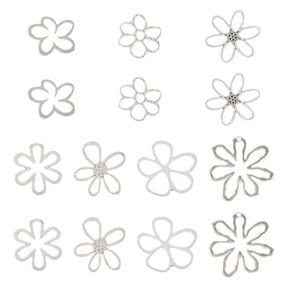 14Pcs Hollow Flower Charms Pendants Antique Silver Floral Connector Charms Flower Theme Alloy Open Back Bezel Frame Charm for UV Resin Pressed DIY Necklace Bracelet Jewelry Making