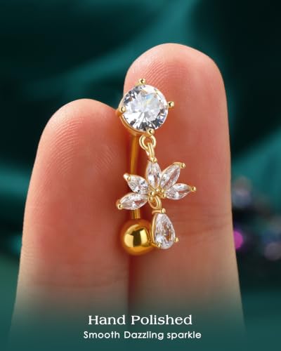 Flower Dangle Belly Button Ring, 14G Gold Reverse Belly Button Piercing for Women, Surgical Steel Silver Navel Piercing Jewelry Hypoallergenic - color: gold