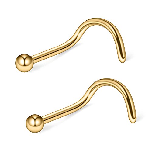 18G(1.0MM) 316L Surgical Steel Curved Nose Stud Ring Twister Screws with 2MM Ball Piercing Jewelry - color: 2PCS - Gold