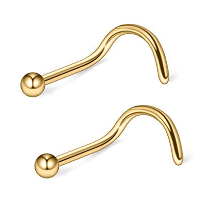 18G(1.0MM) 316L Surgical Steel Curved Nose Stud Ring Twister Screws with 2MM Ball Piercing Jewelry - color: 2PCS - Gold