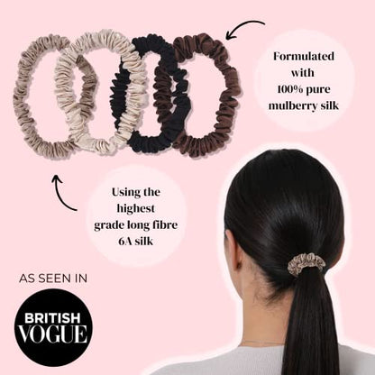 SILKIE x6 Set 100% Pure Mulberry Silk Black Noir Dark Midnight Neutral Skinny Scrunchies Travel Pouch Everyday Hair Ties Elastics Hair Care Ponytail Holder No Damage (Midnight) - color: Midnight