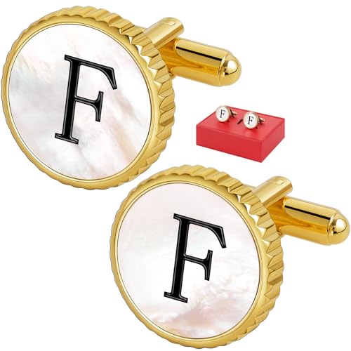 Cuff Links Mens Golden Silver Gunmetal Black, Cufflinks for Men Custom Initial Personalized Mother Of Pearl Mens Cufflink for Shirt Golden Silver Gunmetal Black Cuff Link Shirt for Wedding - style: Letter F