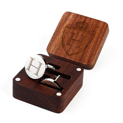 Mens Initial Silver Cufflinks A-Z Alphabet Letter Steel Cuff Links with Engraved Walnut Wood Box Groom Groomsman Wedding Set… - style: H