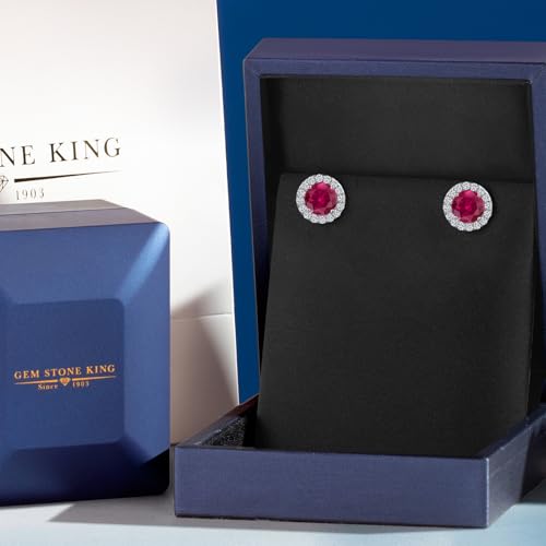 Gem Stone King 14K White Gold 6MM Round Gemstone Birthstone Stud Earrings with Removable Jackets and Lab Grown Diamond Accents | Gold Earrings For Women | Fine Jewelry Gift for Her Mom Women Wife - color: Created Ruby-July