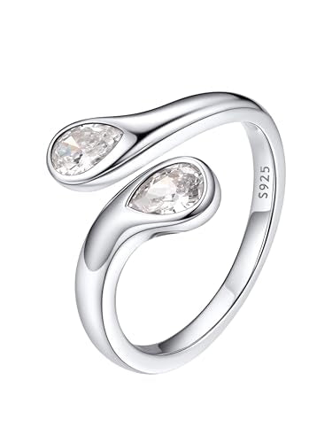 Bestyle Silver Birthstone Ring for Women, Dainty Sterling Silver Teardrop Ring Open Adjustable Band Ring, Love Statement TOI et Moi Ring Promise Ring for Her - color: 04.April ( Clear Quartz)