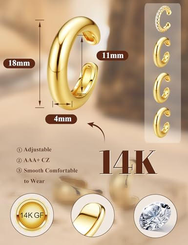 4Pairs 14K Gold Plated Ear Cuff Earrings for Women Non Piercing Jewelry | Hypoallergenic Earring Cuff for Sensitive Ears 14K Gold Silver Plated Non Tarnish Clip On Cartilage Fake Earring Set Trendy - color: 18K Gold Tone-Chunky