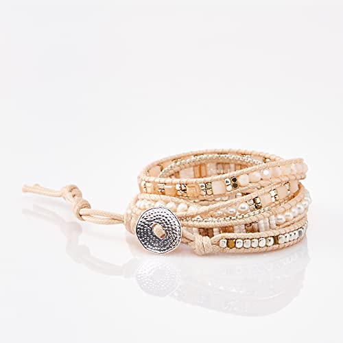 Bracelet for Women – Handmade Vegan Boho Natural Stone Layered Bracelet, Thailand Bohemian Stackable Beaded Wrap Bracelets, Summer Hippie Bracelet Stack, Fashion Jewelry Gifts - color: A7-Cream